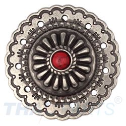 Concho #063 35mm Western Jumbo Conchos Antik Silber Stein Rot