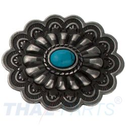 Concho #147 35mm Metal Jumbo Stempel Antik Silber mit Stein Blau Conchos