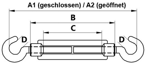 10er Pack Spannschloss M6 x 110mm Haken - Haken DIN 1480 verzinkt Seilspanner