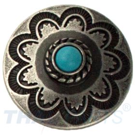 Concho #141 22mm Western Blume Flower Antik Silber mit Stein Blau Conchos