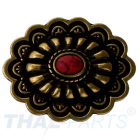 Concho #152 35mm Metal Jumbo Stempel Antik Bronze mit Stein Rot Conchos